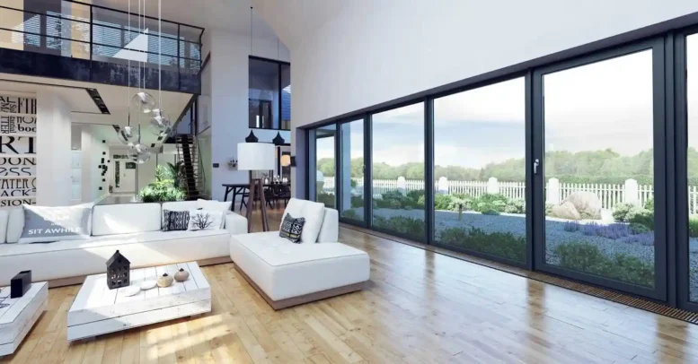A modern living room with GEALAN's seamless patio doors and windows